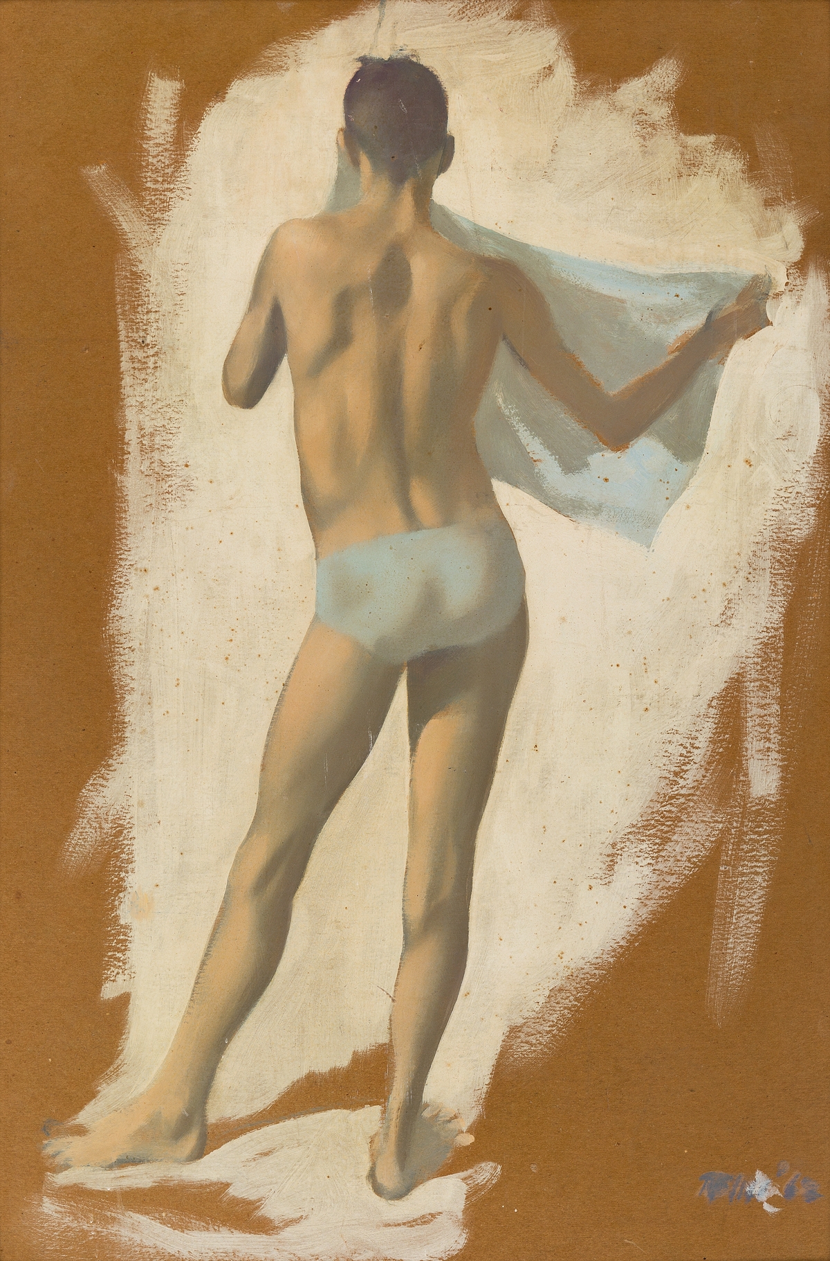 Artwork by Robert R. Bliss, Boy Bather with a Blue Towel, Made of Oil on board