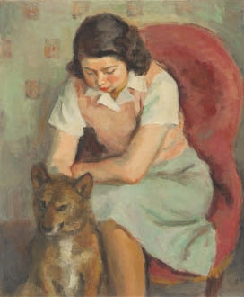 Artwork by Noboru Hasegawa, Dog and Woman, Made of oil on canvas