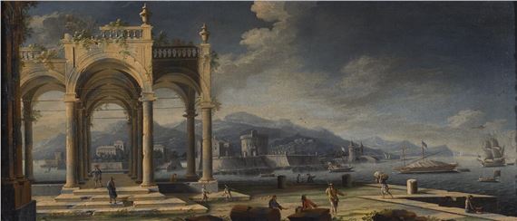 Capriccio di rovine antiche presso un porto mediterraneo con barche e astanti by Gennaro Greco