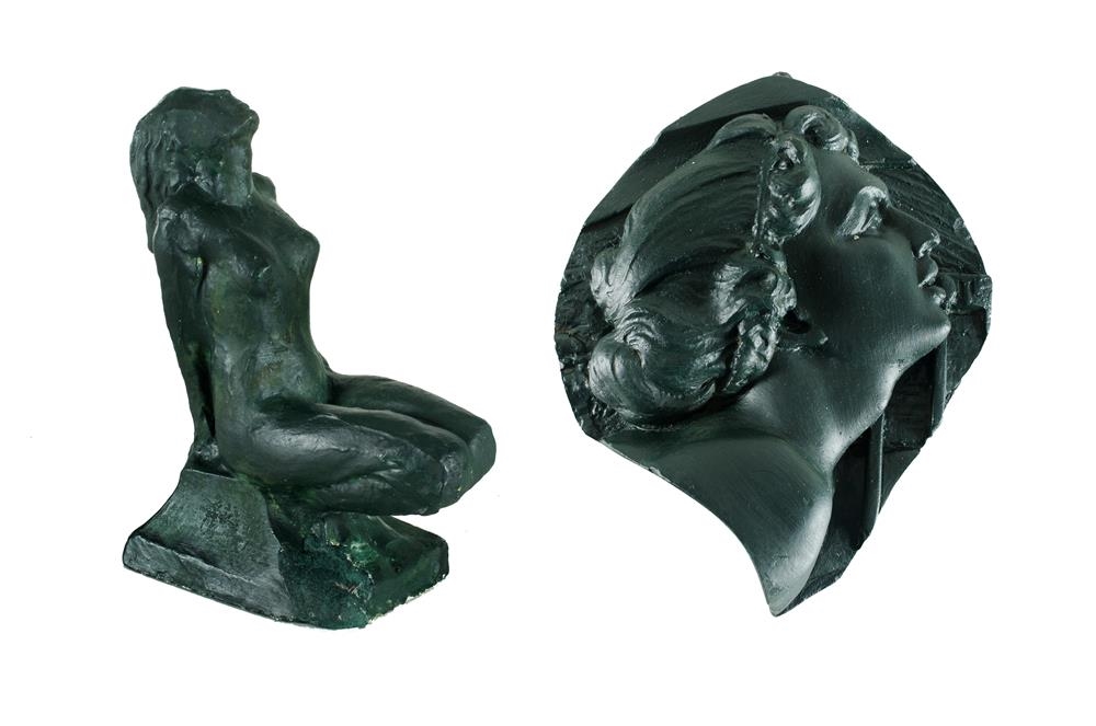 Artwork by Gilbert Doble, Two works: Kneeling Nude; Portrait Profile, Made of Plaster with Green Patina (2)