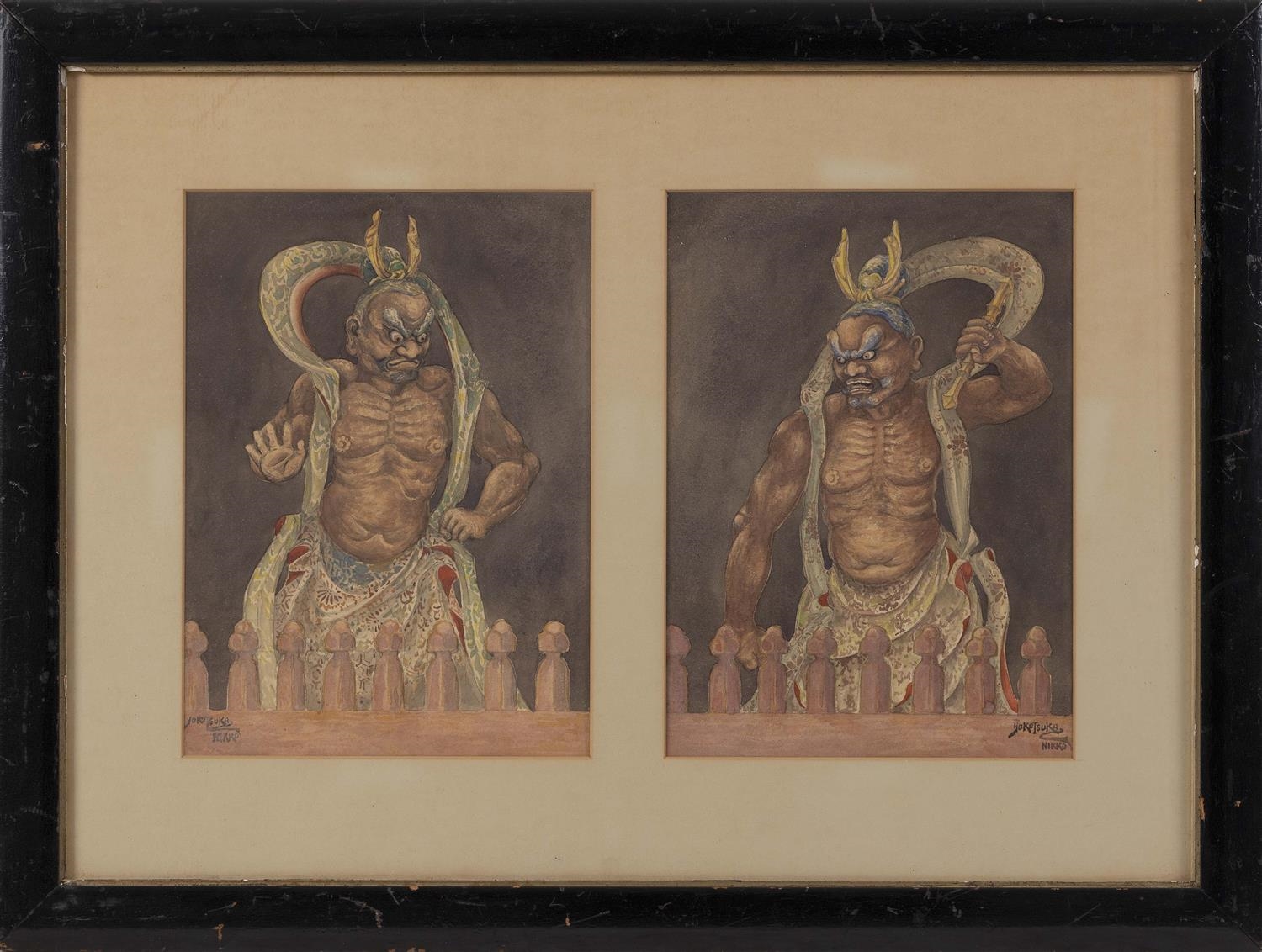 Taisho Period TWO JAPANESE WATERCOLORS OF TWO NIO GUARDIAN FIGURES