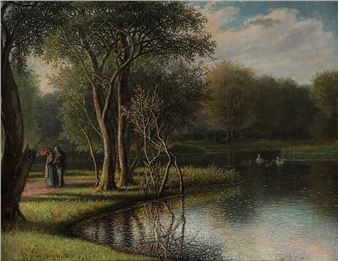 Landscape with a couple strolling in a park - David Monies