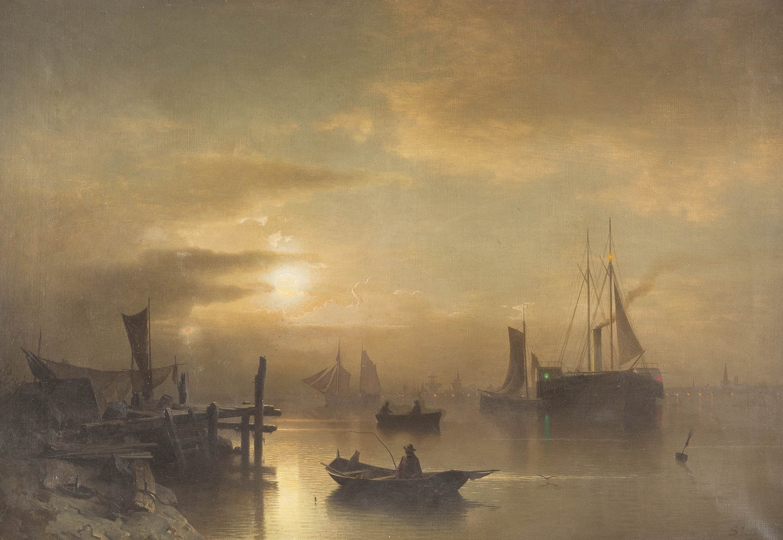 Jacobsen Sophus | Night of a full moon over the harbour (1863) | MutualArt