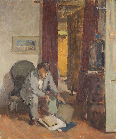 A figure in a light-colored robe sits in a dimly lit room, surrounded by books and a vase.