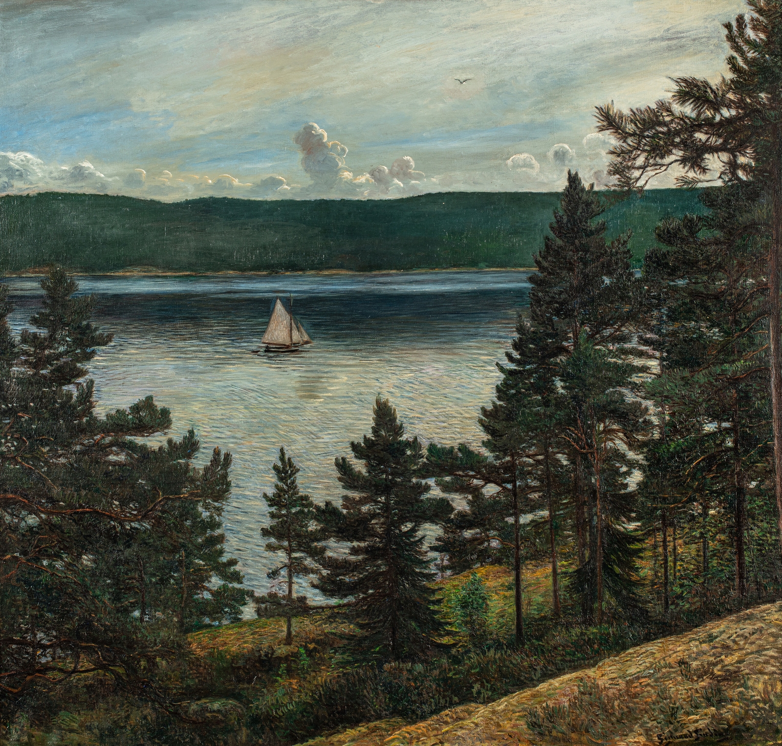 Artwork by Sigmund Sinding, "Seilas på fjorden", Made of oil on canvas