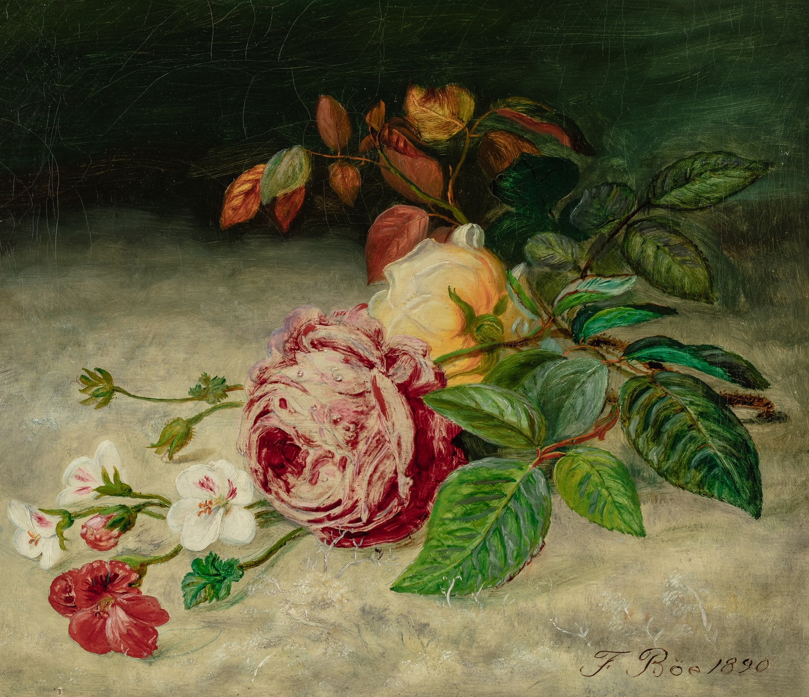 "Stilleben med roser" by Frants Diderik Bøe, 1890