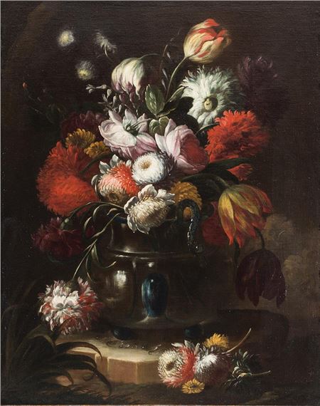 a) Fiori vari in un vaso dipinto su un poggiolo, con altri fiori sparsi ed un elemento decorativo b) Fiori vari in un alzata su un vassoio by Nicola Casissa
