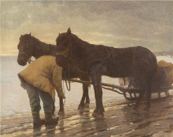 Farmer with horse carriage in winter landscape by Albert Stagura, 1907
