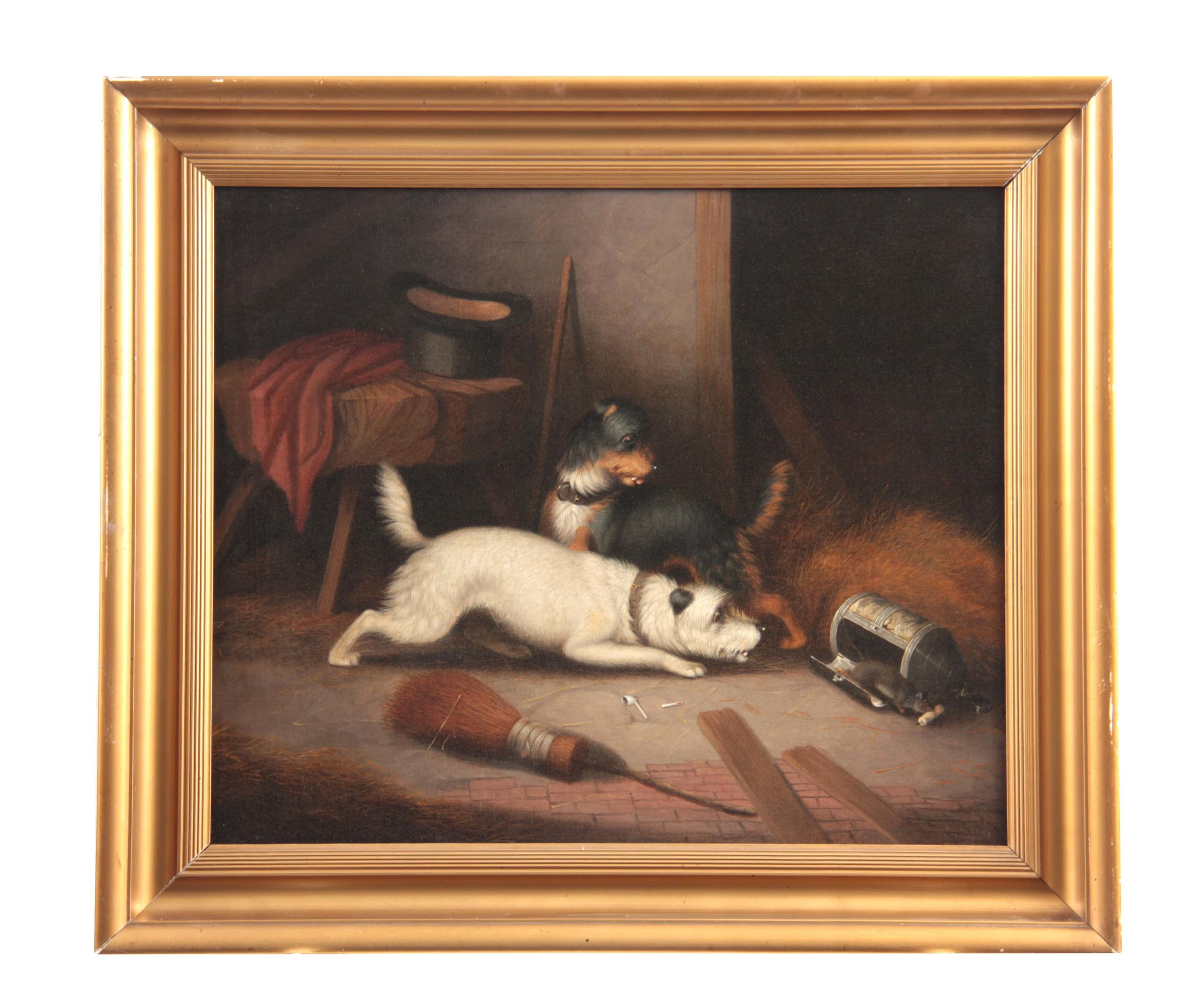 George Armfield | Barn Scene With Two Dogs Chasing a Rat | MutualArt