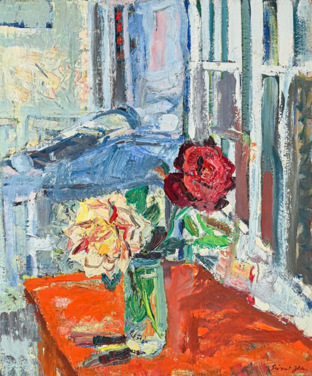 Artwork by Marcel Saint-Jean, Bouquet de roses dans un intérieur, Made of Oil on canvas