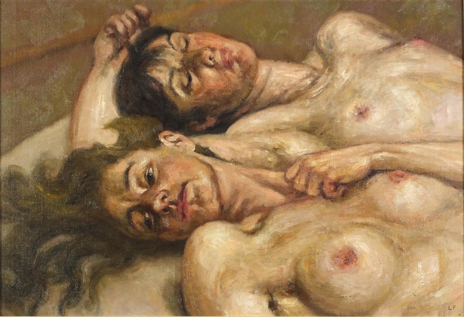 Artwork by Lucian Freud, Two nude lovers, Made of oil on board