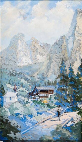 Ansicht im österreichischen Hochgebirge mit Kapelle und Hotel by Rudolf Reschreiter
