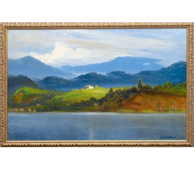 A serene landscape painting of a lake reflecting distant mountains under a cloudy sky.