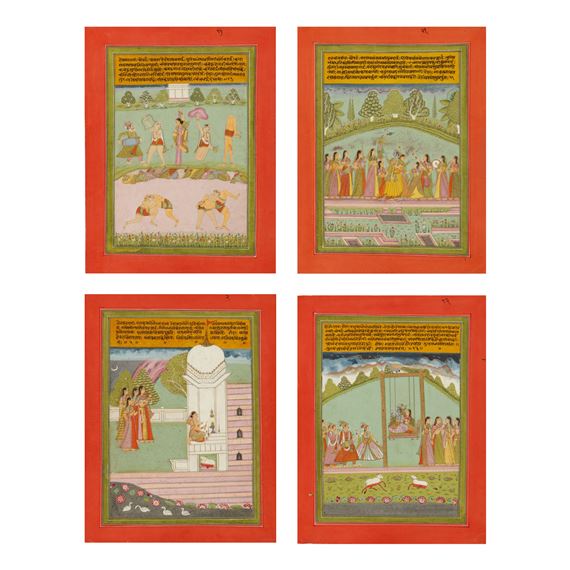 A GROUP OF FOUR ILLUSTRATIONS TO A RAGAMALA SERIES: VASANT, HINDOL, BAIRAVI AND DESAKHYA, INDIA, MALWA
