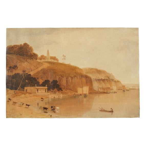 VIEW OF THE RIGHT BANK OF THE RIVER GANGES, NEAR CURRAH, DECEMBER 1788 by William Daniell