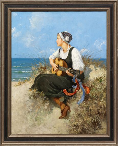 Musizierendes Mädchen mit Gitarre in den Ostseedünen by Hermann Seeger