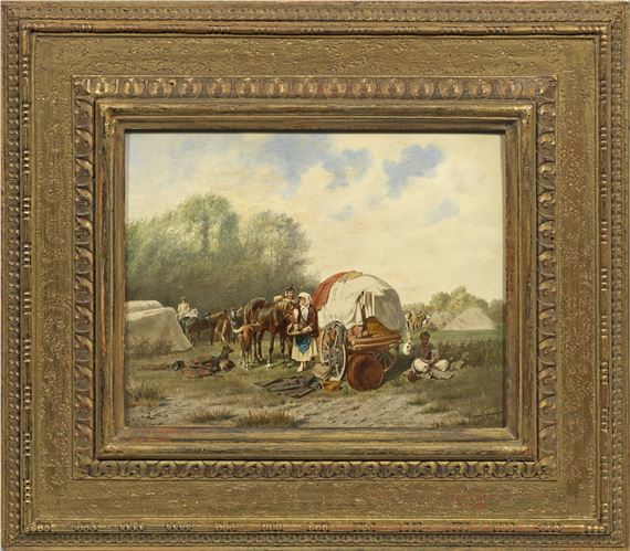 Rastende Marketenderin mit ihrem Planwagen im Heerlager eines Ulanenregiments by Franz Quaglio, 1894