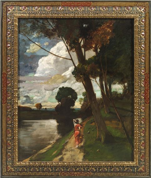 Große Landschaft mit Wasserträgerin an einem baumbestandenen Flussufer by Hermann Emil Pohle