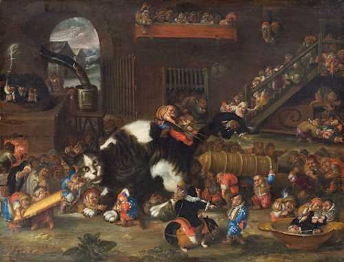 Faustino Bocchi | Grotesque scene with dwarves, cat and guineapigs ...