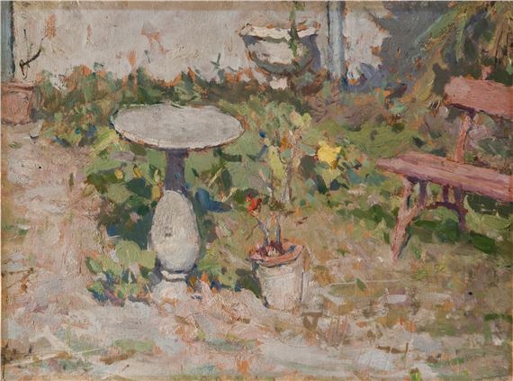 A sun-drenched garden scene featuring a stone pedestal table and a wooden bench amidst lush greenery.