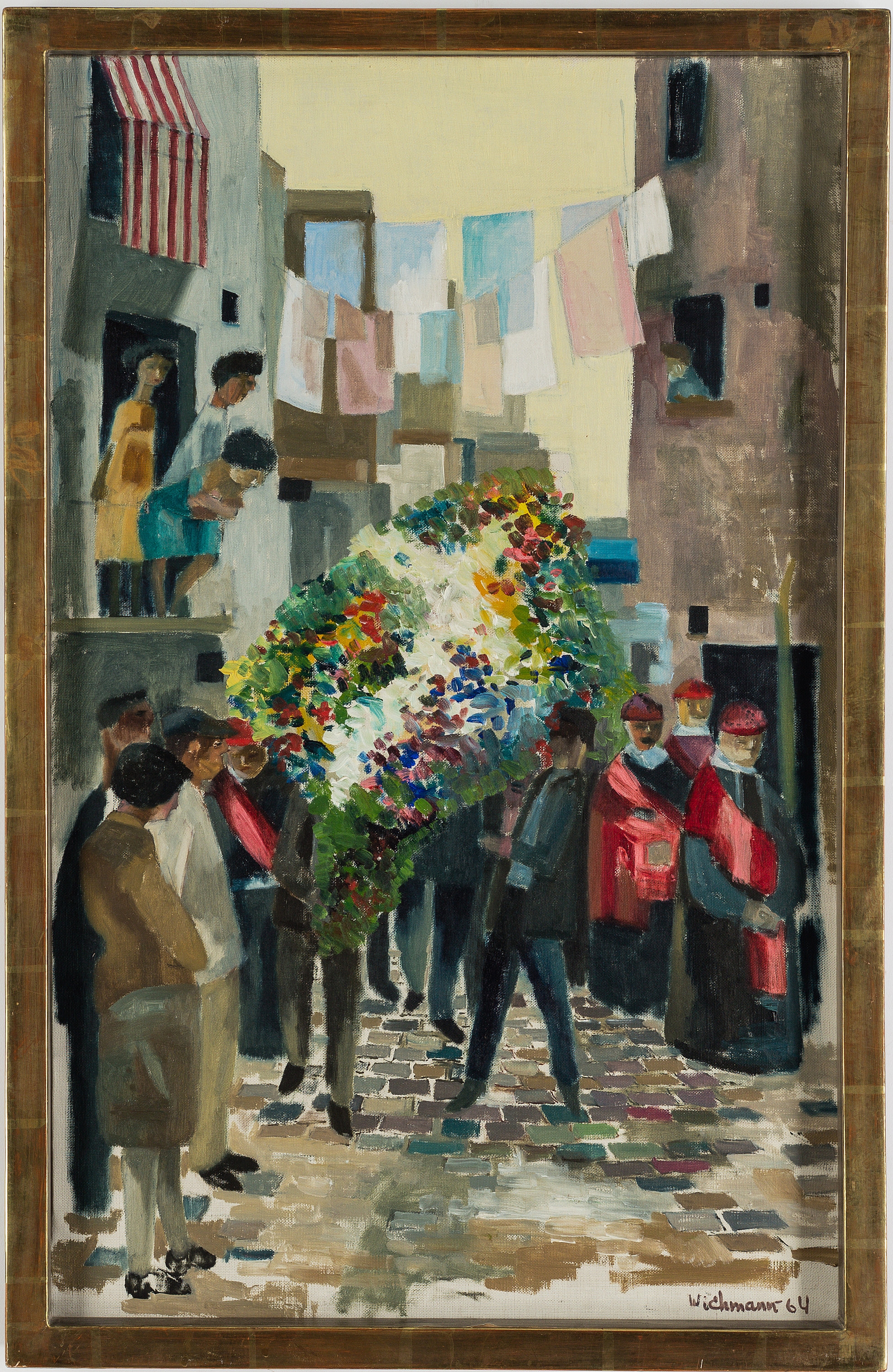 A vibrant street scene captures a solemn procession carrying a floral coffin through a narrow alleyway.
