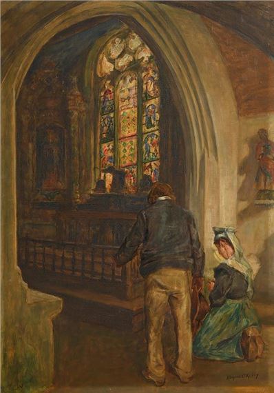 Breton Church Interior with Figures by Aloysius O'Kelly