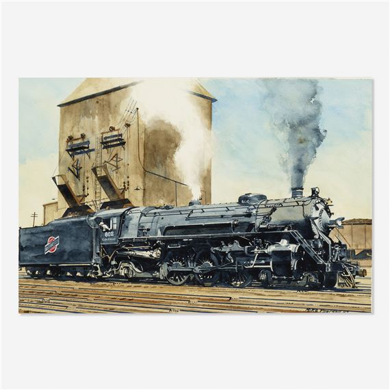 "A watercolor painting of a black steam locomotive on tracks with a grain silo in the background."