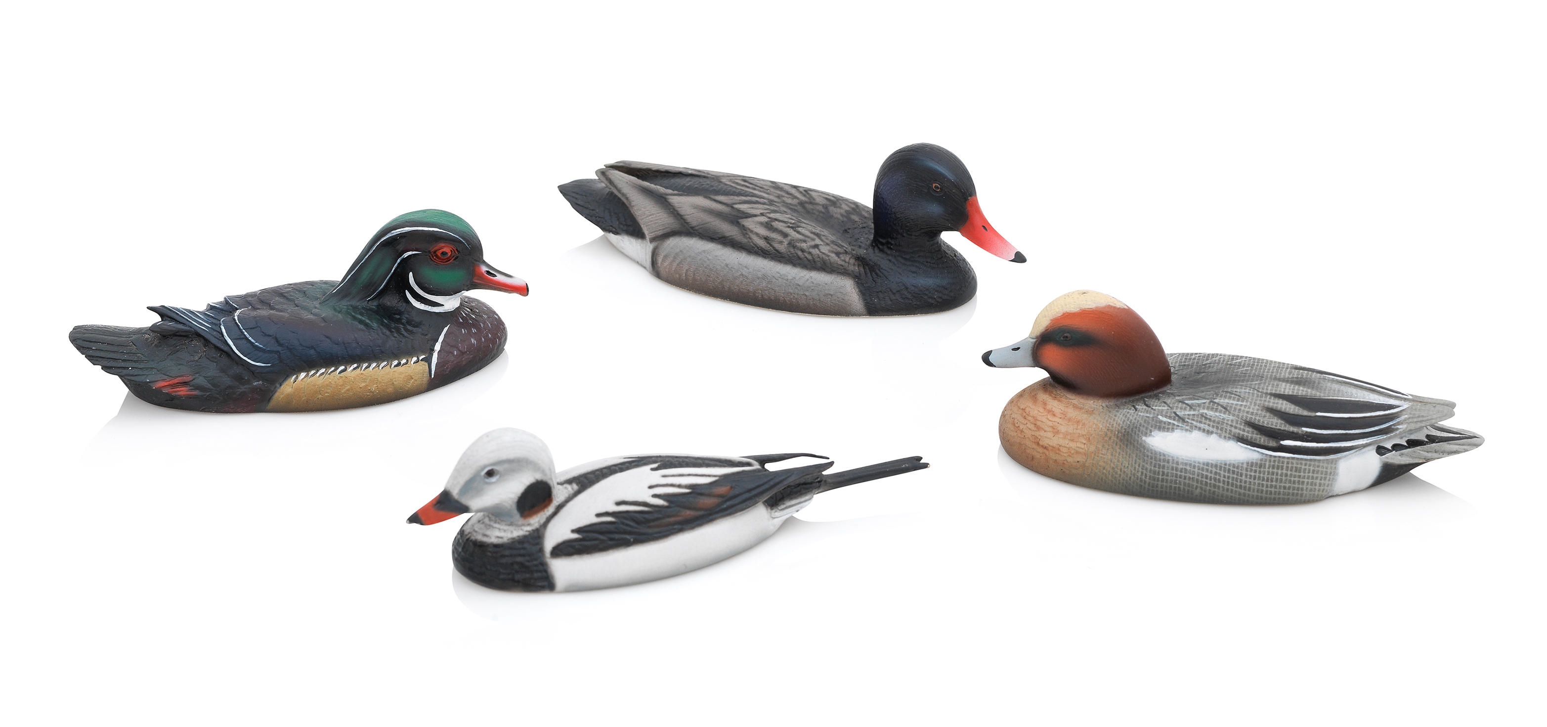 Artwork by Romeo Miracoli, Four Works: Comprising of a Wood Duck, a Eurasian Wigeon, a Long Tailed Duck and a Rosybill, Made of hand painted silver and enamel