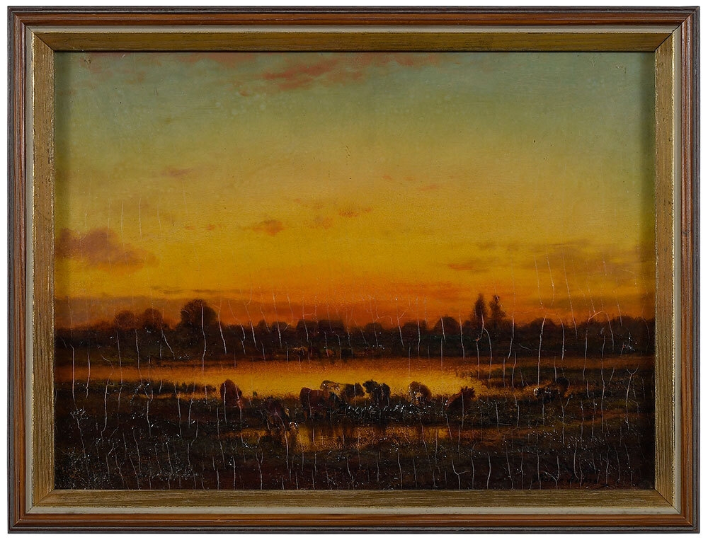 Artwork by Jules Dupré, Cows Watering at Sunset, Made of oil on panel