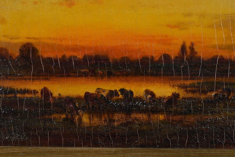Artwork by Jules Dupré, Cows Watering at Sunset, Made of oil on panel