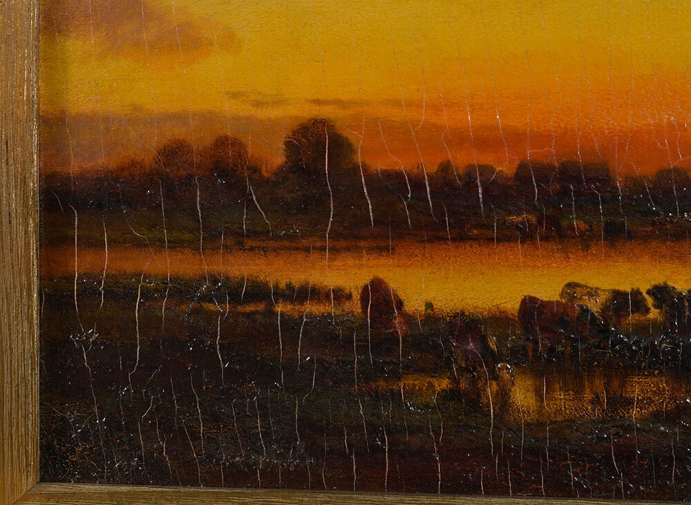 Artwork by Jules Dupré, Cows Watering at Sunset, Made of oil on panel