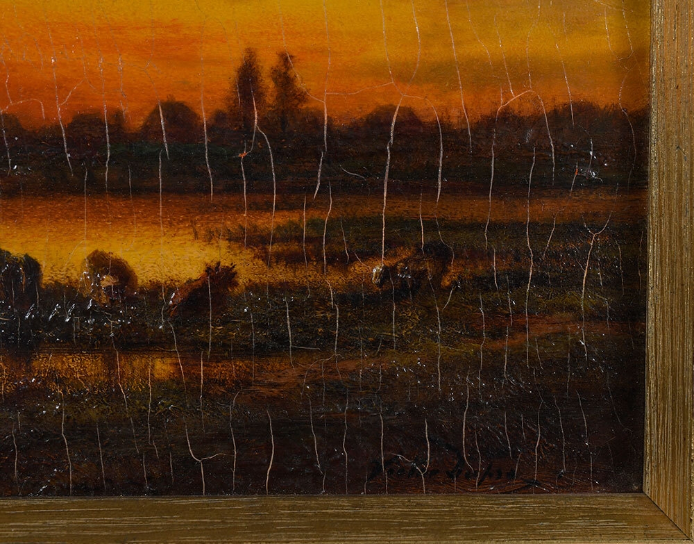 Artwork by Jules Dupré, Cows Watering at Sunset, Made of oil on panel