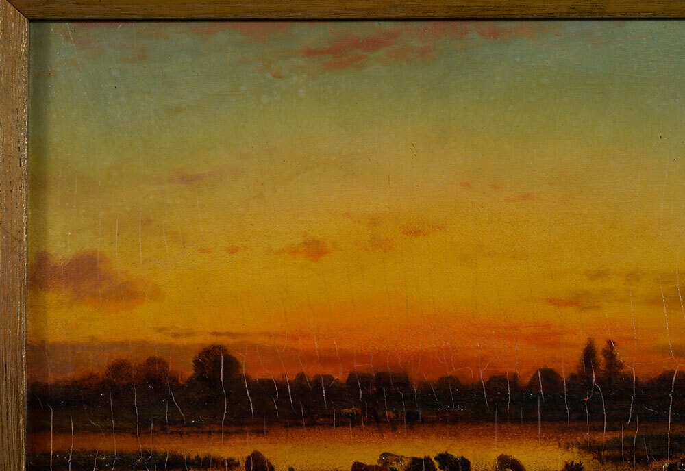 Artwork by Jules Dupré, Cows Watering at Sunset, Made of oil on panel