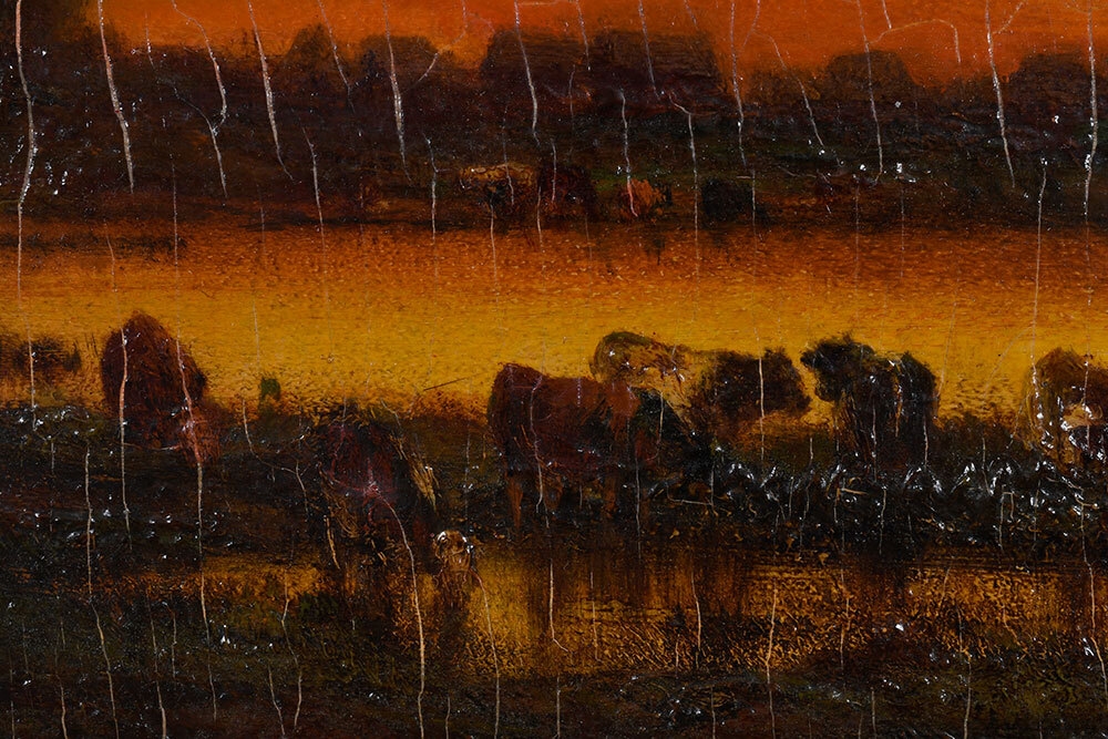 Artwork by Jules Dupré, Cows Watering at Sunset, Made of oil on panel