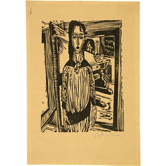 Schlankes Mädchen vor offener Zimmertür by Ernst Ludwig Kirchner, 1917
