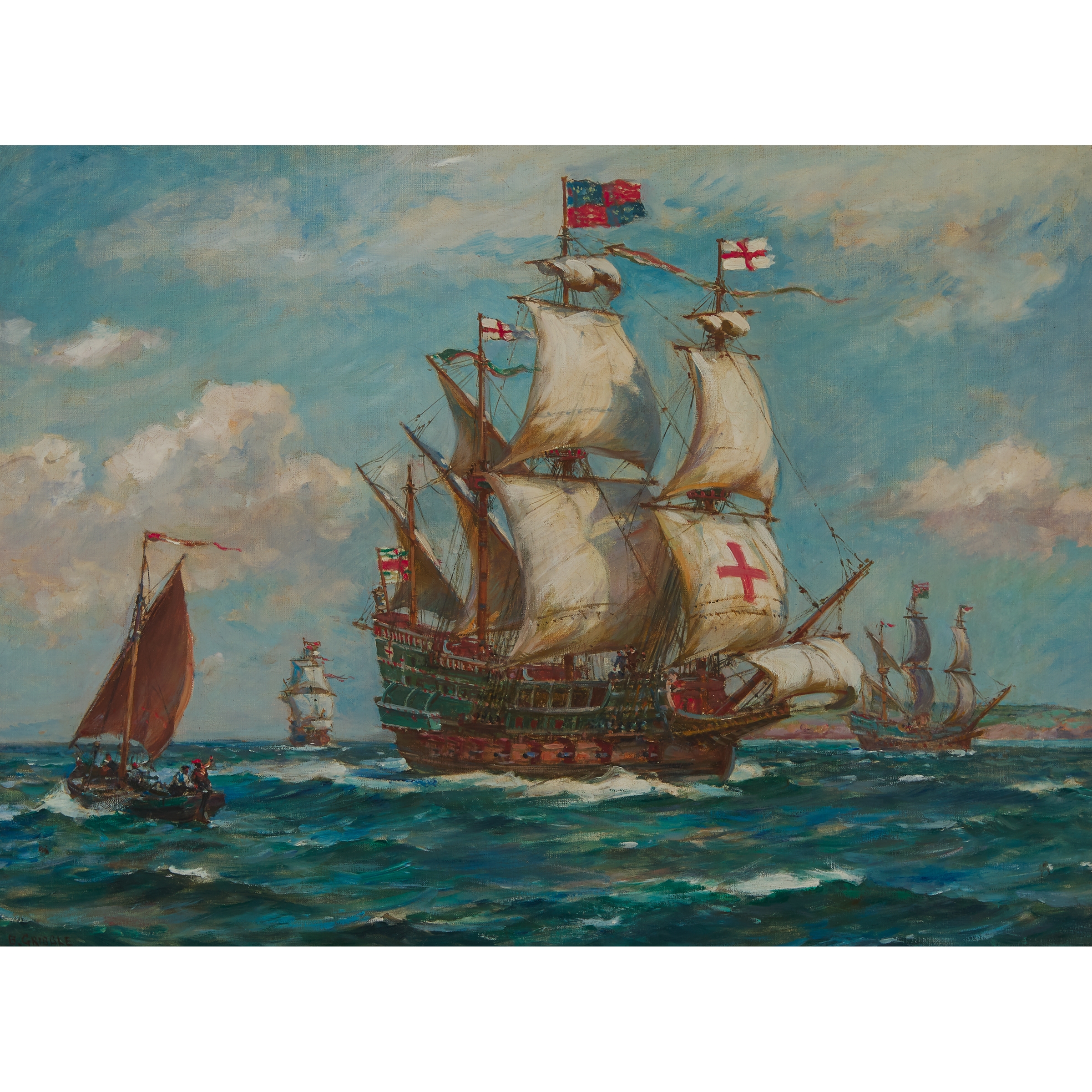 Artwork by Bernard Finegan Gribble, BRITISH SHIPS DEPARTING OFF THE COAST, Made of Oil on canvas