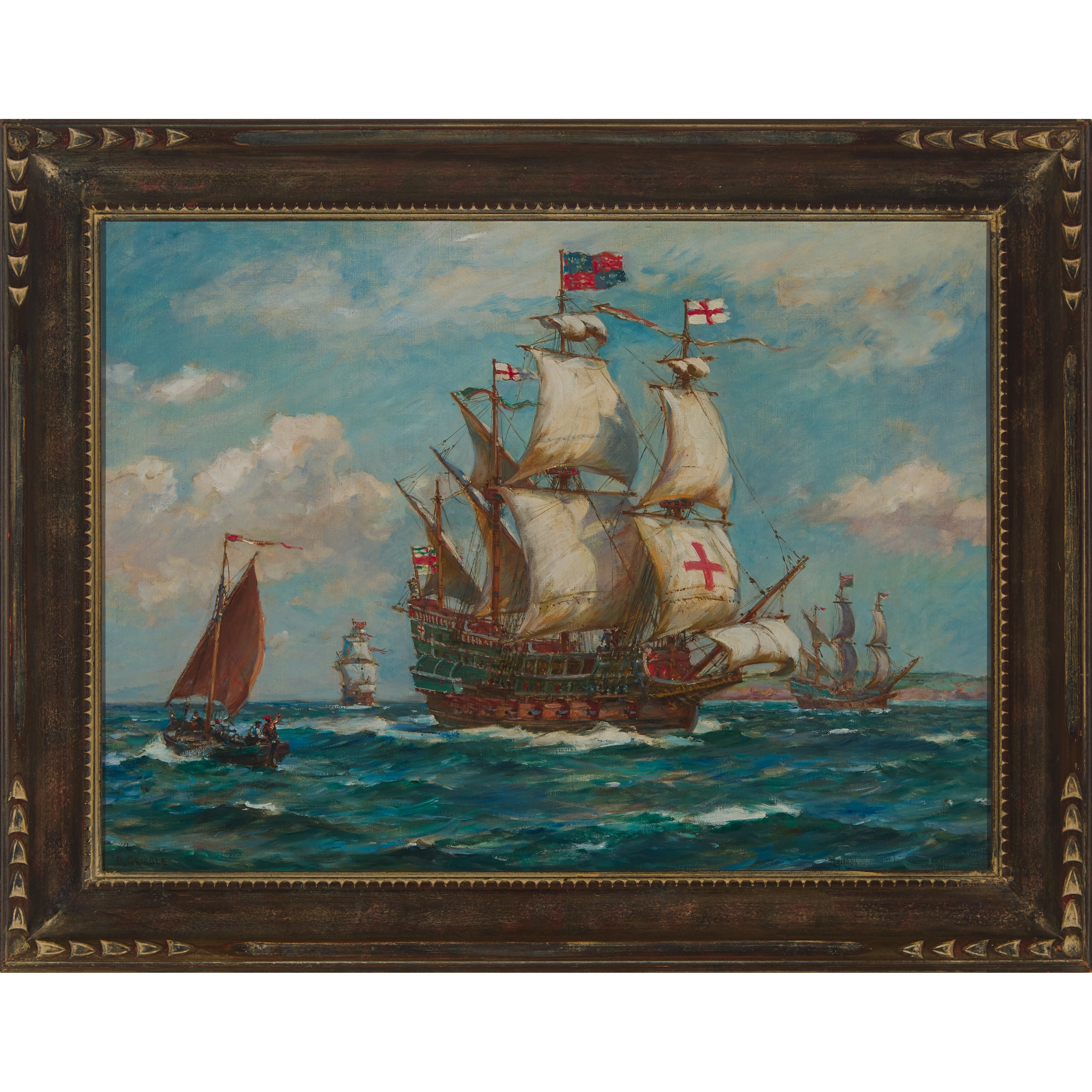 Artwork by Bernard Finegan Gribble, BRITISH SHIPS DEPARTING OFF THE COAST, Made of Oil on canvas