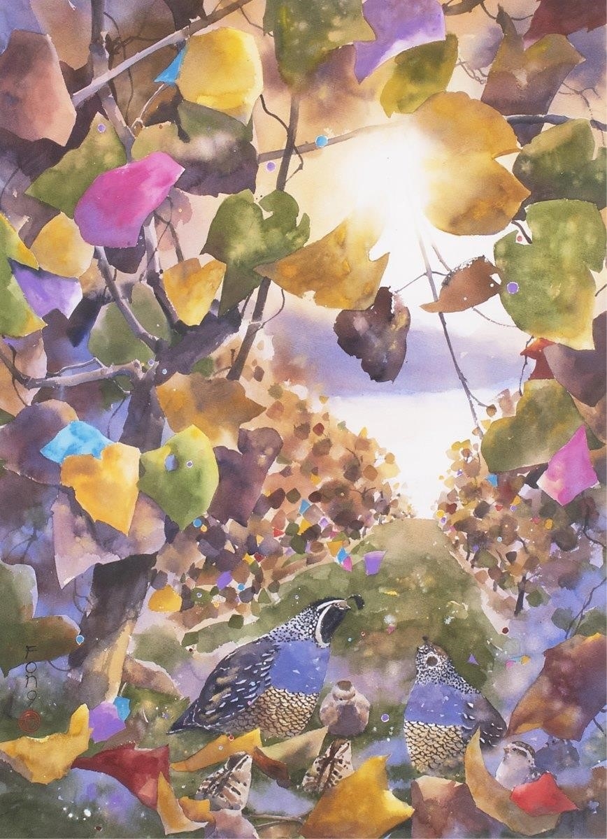 Artwork by Alex Fong, AUTUMN SCENE WITH FAMILY OF QUAILS, Made of watercolour on paper