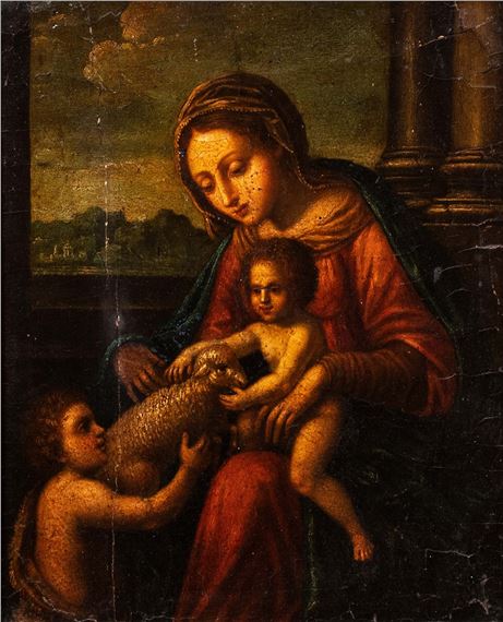 Madonna with Child, San Giovannino and a little lamb by Roman School, 17th Century