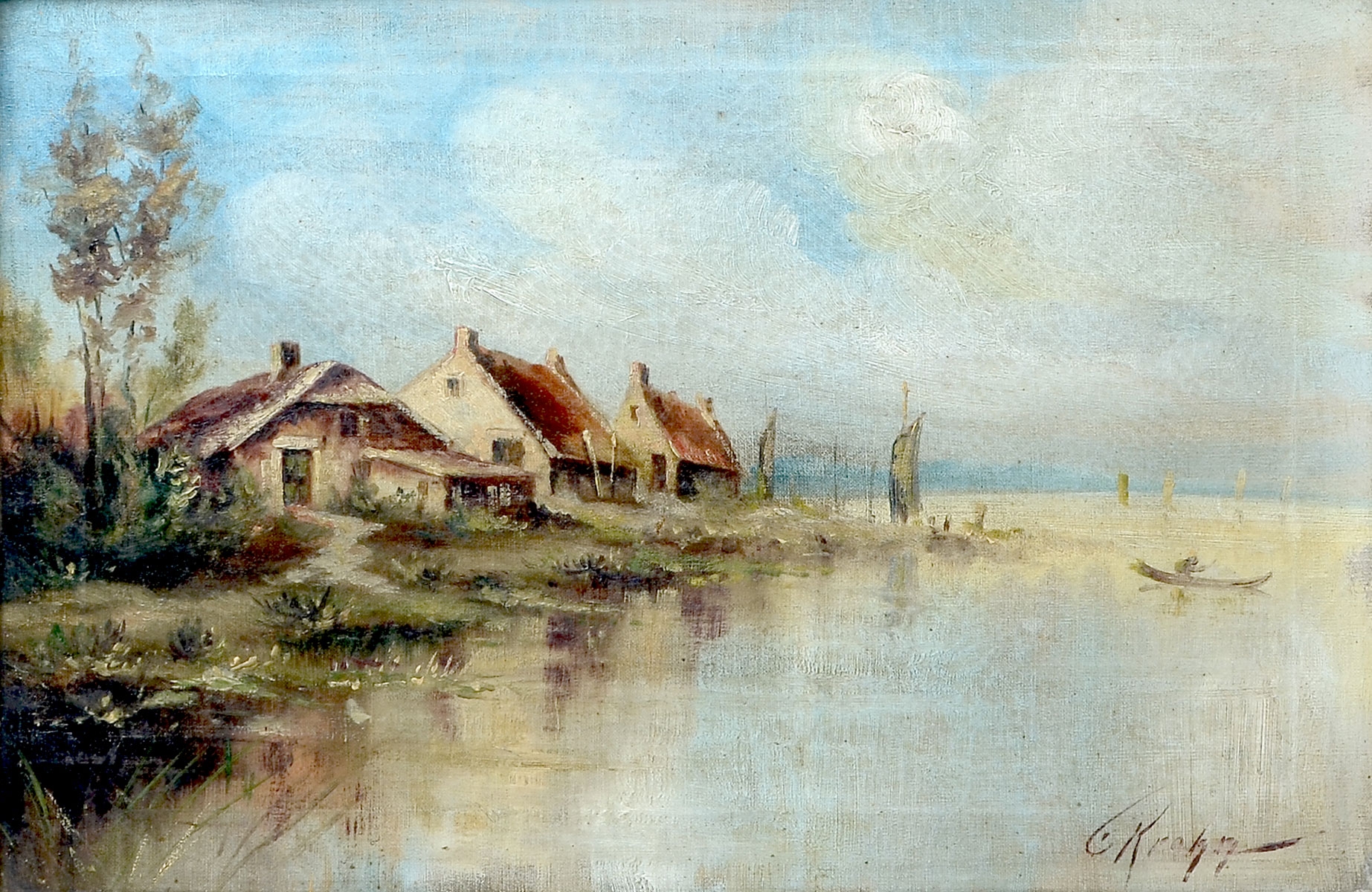 Artwork by C. Krohg, RIVERSIDE VILLAGE PAINTING, Made of Oil/Canvas