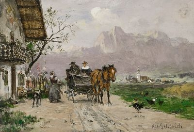 Kutsche vor einem Bauernhaus by Robert Schleich