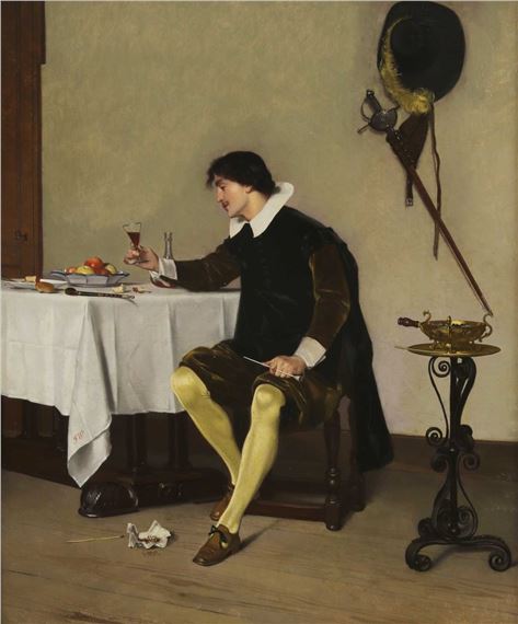 A young gentleman seated at a table, holding a wine glass by Florent Willems