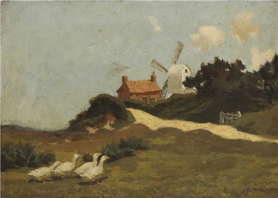 A windmill and farmhouse with geese in the foreground by Edwin Nichol