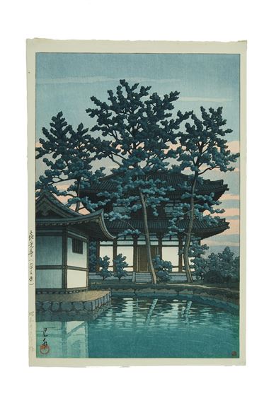 Two works : Kikoji Nara-ken (Kikoji Temple in Nara); Haru no yu Ueno Toshogu (Spring Evening at the Toshogu Shrine in Ueno) by Hasui Kawase, dated 1950, dated 1948