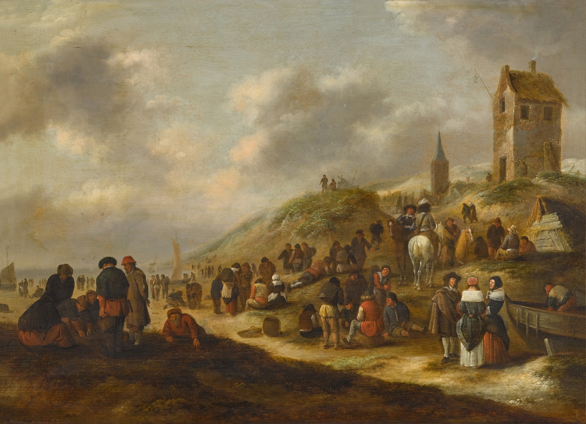THE BEACH AT SCHEVENINGEN, WITH ELEGANTLY-DRESSED FIGURES, AND FISHERMEN SELLING THEIR CATCH by Klaes Molenaer, 1676