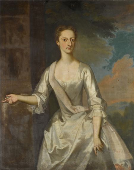 PORTRAIT OF MISS JONES, THREE-QUARTER-LENGTH, IN A WHITE DRESS by Enoch Seeman