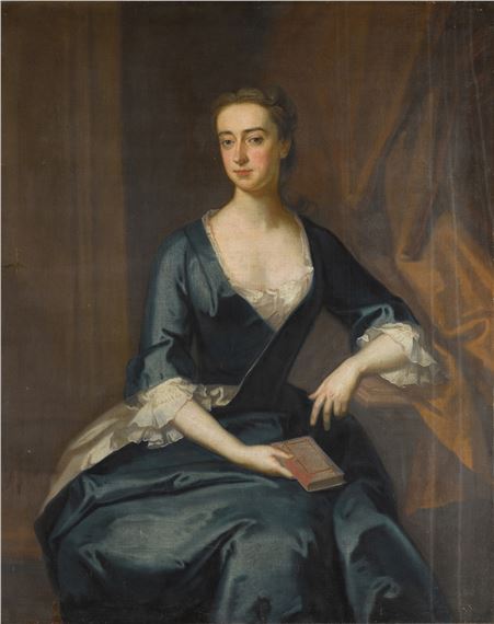 PORTRAIT OF MISS JONES HOLDING A BOOK, THREE-QUARTER-LENGTH, IN A BLUE DRESS by Enoch Seeman
