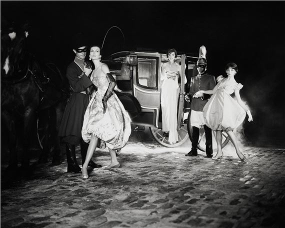 Stagecoach At Night,"A World of Enchantment," with Carmen Dell'Orefice and Lucinda Hollingsworth, for "Harper's Bazaar" by William Helburn, 1958