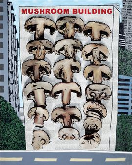 A surreal street scene featuring a large billboard covered in mushroom illustrations.