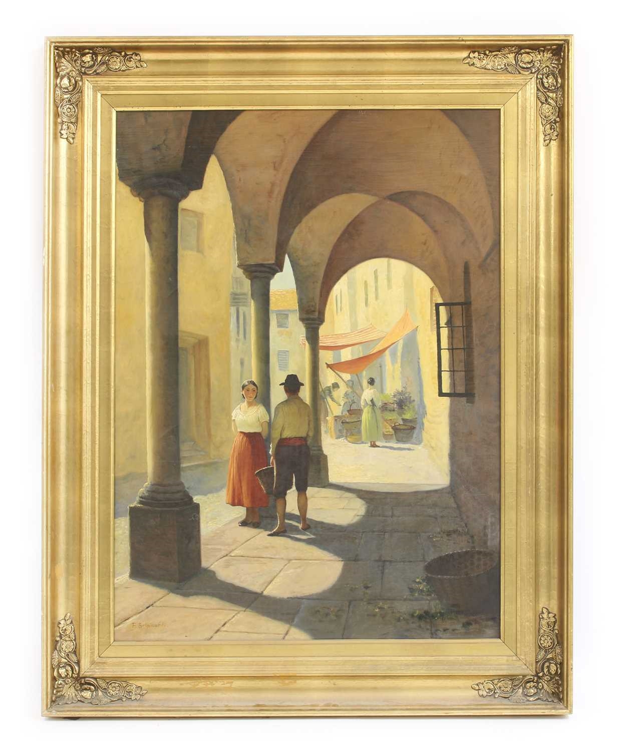 A couple standing under a covered archway in a Mediterranean town by Niels Walseth